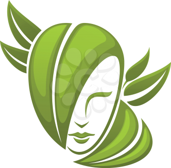 Icon of woman head with green leaves  isolated on white, for natural organic cosmetics or ecology design