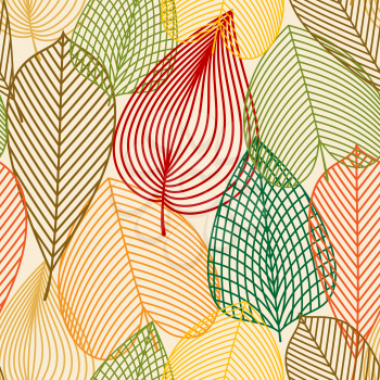 Colorful autumn leaves seamless pattern with outline red, brown, orange, yellow and green foliage