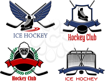 Ice hockey club or team badges and icons with crossed sticks, pucks, skates and goalie mask bordered by gate, shield, laurel wreath, decorated wings and ribbon banners