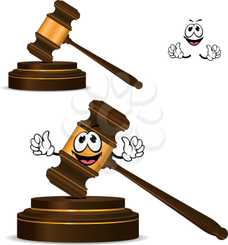 Happy wooden gavel cartoon character with golden elements and round striking surface for justice, courts or auction design