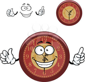 Brown wall clock cartoon character with golden ornament on dial and carved hands showing attention sign