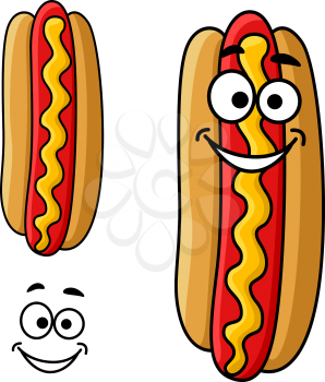 Fast food hot dog cartoon character with mustard sauce and happy smiling face, for takeaway food design