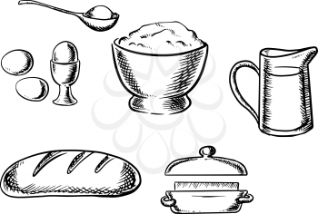 Black and white sketch baking ingredient icons with eggs, flour, milk, bread and butter
