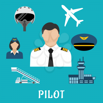 Pilot profession flat icons with captain in white uniform surrounded by stewardess, airplane, flight helmet, peaked cap, modern airport building and aircraft steps