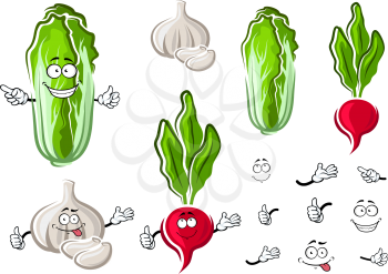 Funny cartoon fresh chinese cabbage, garlic bulb with cloves and radish vegetables for agriculture or organic vegetarian food theme