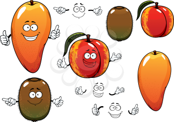 Cartoon sweet fragrant reddish orange mango, peach and green kiwi fruits characters with happy smiling faces for fresh vegetarian food or agriculture design