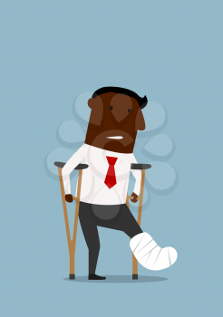 African american businessman standing with crutches and showing cast on a broken leg. For health insurance or healthcare concept theme design, cartoon flat style