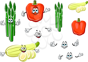 Cartoon red bell pepper, green asparagus bunch and striped zucchini vegetables for fresh healthy food or agriculture