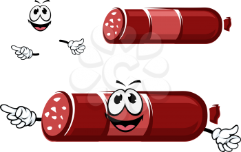 Cartoon smoked beef sausage character in red casing with happy smiling face. For butcher shop or food themes design
