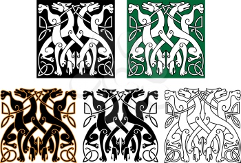 Vintage animal pattern with decorative wolves intertwining tails and legs, adorned by celtic knot ornamental elements for tattoo or medieval art design