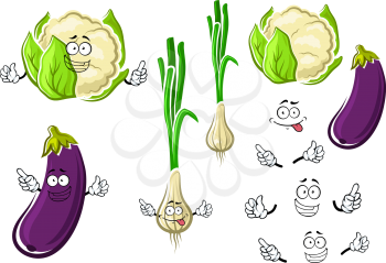 Fresh cauliflower, green onion and purple eggplant vegetables cartoon characters with sappy bright leaves for cook, vegetarian food or agriculture design