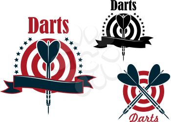 Darts game sporting emblems or icons with arrows and dartboard, decorated by stars and ribbon banner