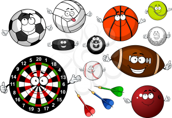Colorful cartoon dartboard with arrows, football, soccer, volleyball, basketball, baseball, golf, rugby, tennis, billiards, bowling balls and ice hockey puck for sporting theme design