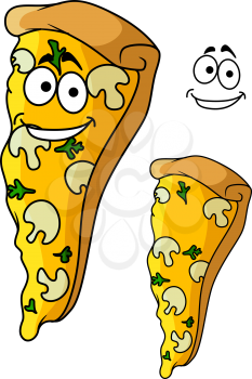 Cheerful tasty pizza slice cartoon character with mushrooms, cheese and parsley, for pizzeria menu  or fast food themes design