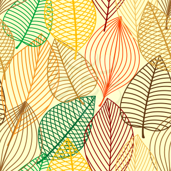 Colorful autumnal outline leaves seamless pattern with green, orange, yellow and brown leaves. For seasonal holidays, wallpaper or fabric design