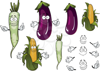 Cob of sweet corn, white daikon radish and violet eggplant vegetables cartoon characters with fresh green leaves for vegetarian food or agriculture design