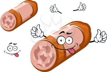 Bologna sausage stick cartoon character with meat and lard on the cut, giving thumb up sign. For butcher shop menu or food pack design