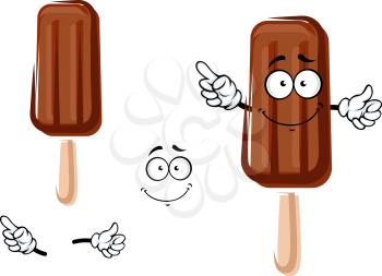 Cartoon happy chocolate ice cream bar with wooden stick, for dessert menu theme