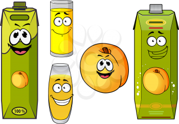 Sweet natural peach juice cartoon characters with happy smiling fresh peach fruit, green juice packs and glasses with yellow drinks. For promotion or food packaging theme