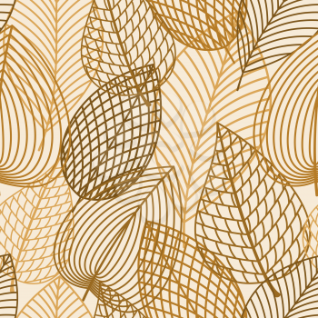 Autumnal seamless pattern with outline brown and orange leaves on white background