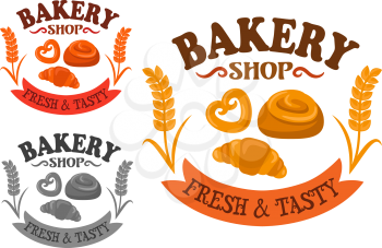 Bakery shop icon with sweet bun rolls and croissant, adorned by wheat ears on both side and ribbon banner with text Fresh and Tasty
