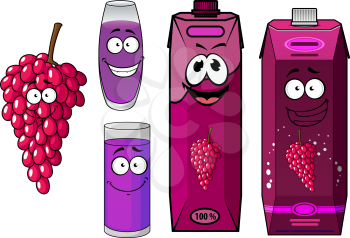 Sweet healthful bunch of red grape cartoon character with happy natural juice cardboard packs, fruit and filled glasses