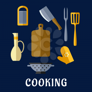 Food utensils  and kitchenware flat icons with chopping board, cleaver knife, carving fork, spatula, grater, colander, oil jug and oven glove on blue background with text Cooking 