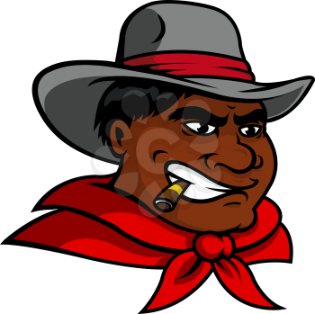 Angry cartoon african american cowboy in gray hat and red necerchief smoking a cigar
