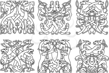 Intricate entwined mystical dogs or wolves in overall square format in a black and white outline patterns,