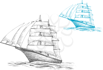 Three masted sailing ship or barque with masts under sails in rippling sea, for nautical, adventure or travel themes