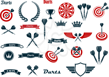 Darts game items and heraldic elements with arrows, dartboards, trophy, heraldic shield, laurel wreath, ribbon banners and crowns. For sports and leisure theme design