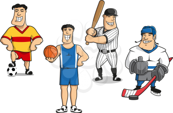 Cartoon smiling professional football, basketball, baseball and ice hockey player characters in sporting uniform with balls, bat, stick and puck.  For sport game theme design