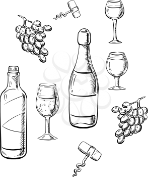 Bottles of a table and sparkling wines with wine glasses, grape fruits and corkscrews in sketch style, for drink or food themes