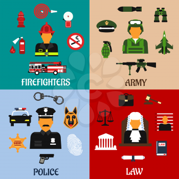 Public service and military professions flat icons of firefighter with tools, army soldier with equipment, judge in courtroom and police officer in uniform
