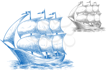 Vintage sail ship in ocean under full sail with flags on masts, for marine adventure or nautical theme design. Sketch image