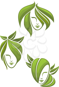 Young woman portraits with elegant hairstyles, composed of curly green leaves, for natural cosmetics and health care themes