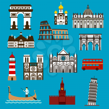 Architecture landmarks and travel symbols of Italy, France, Russia and Great Britain, for tourism and journey design. Flat style icons