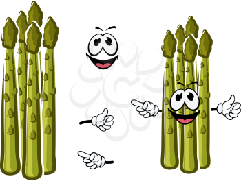 Fresh juicy green shoots of asparagus vegetable cartoon character with young tender buds and happy smiling face