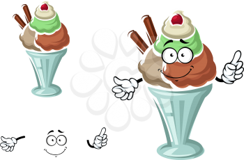 Cartoon sundae ice cream character with chocolate, vanilla, caramel and mint flavored scoops, topped by cherry fruit and waffle rolls. For dessert menu