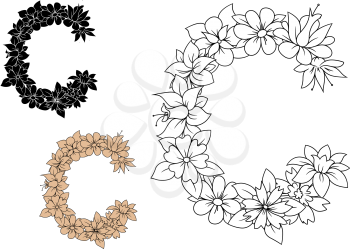Floral capital letter C with vintage flowers and buds in outline style, with black and beige color variations