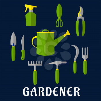 Hand tools icons for gardening design theme with trowel, knife, fork, shears, rake, scissors, spray bottle, weeding hoe, sickle and watering can