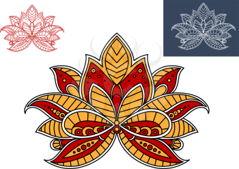 Orange and red persian paisley flower with oriental stylized petals, adorned by ornament, for interior design