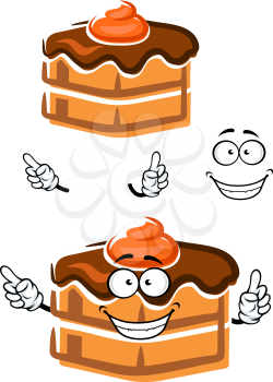 Smiling chocolate cake cartoon character with ganache frosting and orange cream, for pastry shop or dessert menu design 