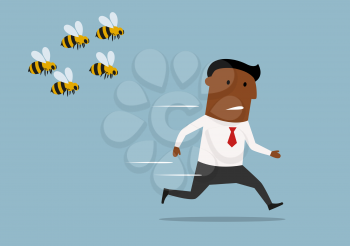 Cartoon panicked african american businessman running away from a swarm of angry huge bees