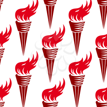 Seamless ancient greek burning torches pattern with bright red fire flames and conical handle on white background for sporting competition or victory themes design