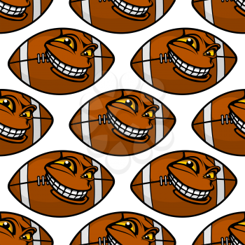 Cartoon american football or rugby balls characters seamless pattern on white background. For sports theme design