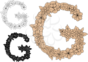 Floral alphabet capital letter G with blooming roses, daisies and field flowers. For monogram design in colorless, black and brown color variations