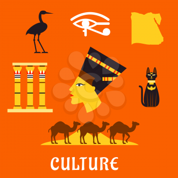 Ancient Egypt flat icons with profile of queen Nefertiti, cat goddess, sacred heron Bennu, eye of horus symbol, temple columns, map, caravan of camels and Giza pyramids. For travel and culture theme d