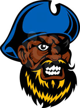 Angry cartoon dark skinned pirate captain with lush beard, in blue hat and eye patch, for tattoo or adventure theme