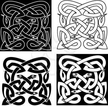Medieval celtic reptile knot pattern with mythical snakes, for tattoo or t-shirt design 